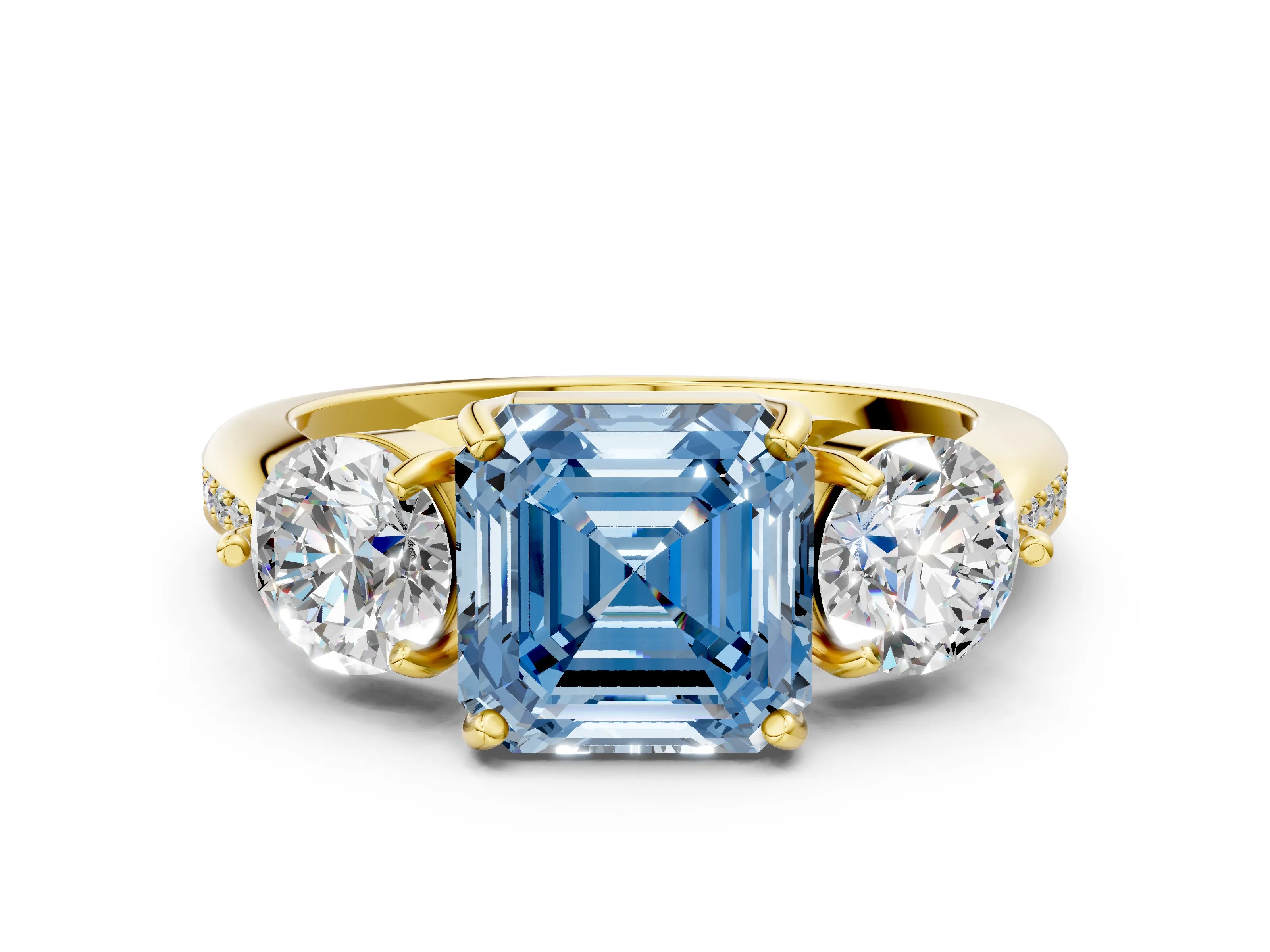 Yellow gold Three-Stone Fancy Blue Asscher Cut Diamond Channel Set Engagement Ring with Prong Setting