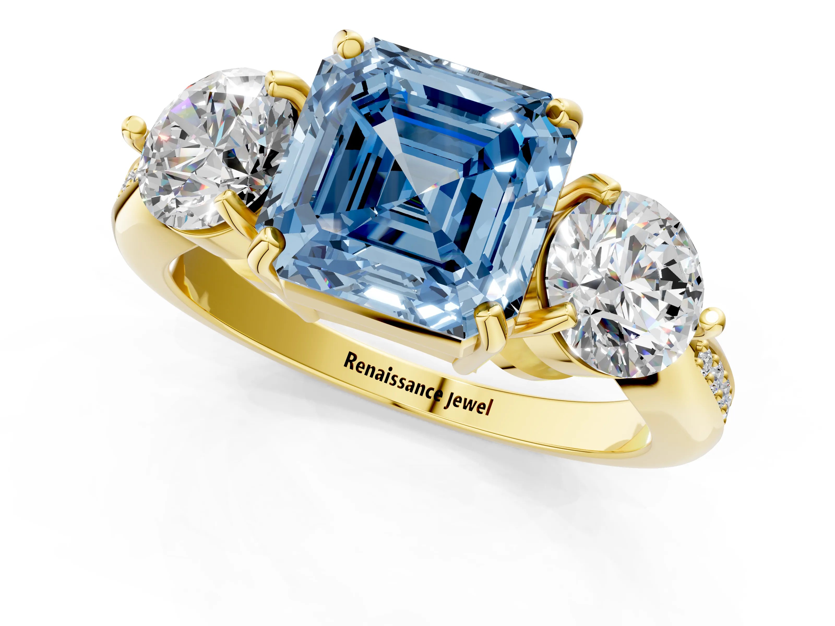 Yellow gold Three-Stone Fancy Blue Asscher Cut Diamond Channel Set Engagement Ring with Prong Setting_1