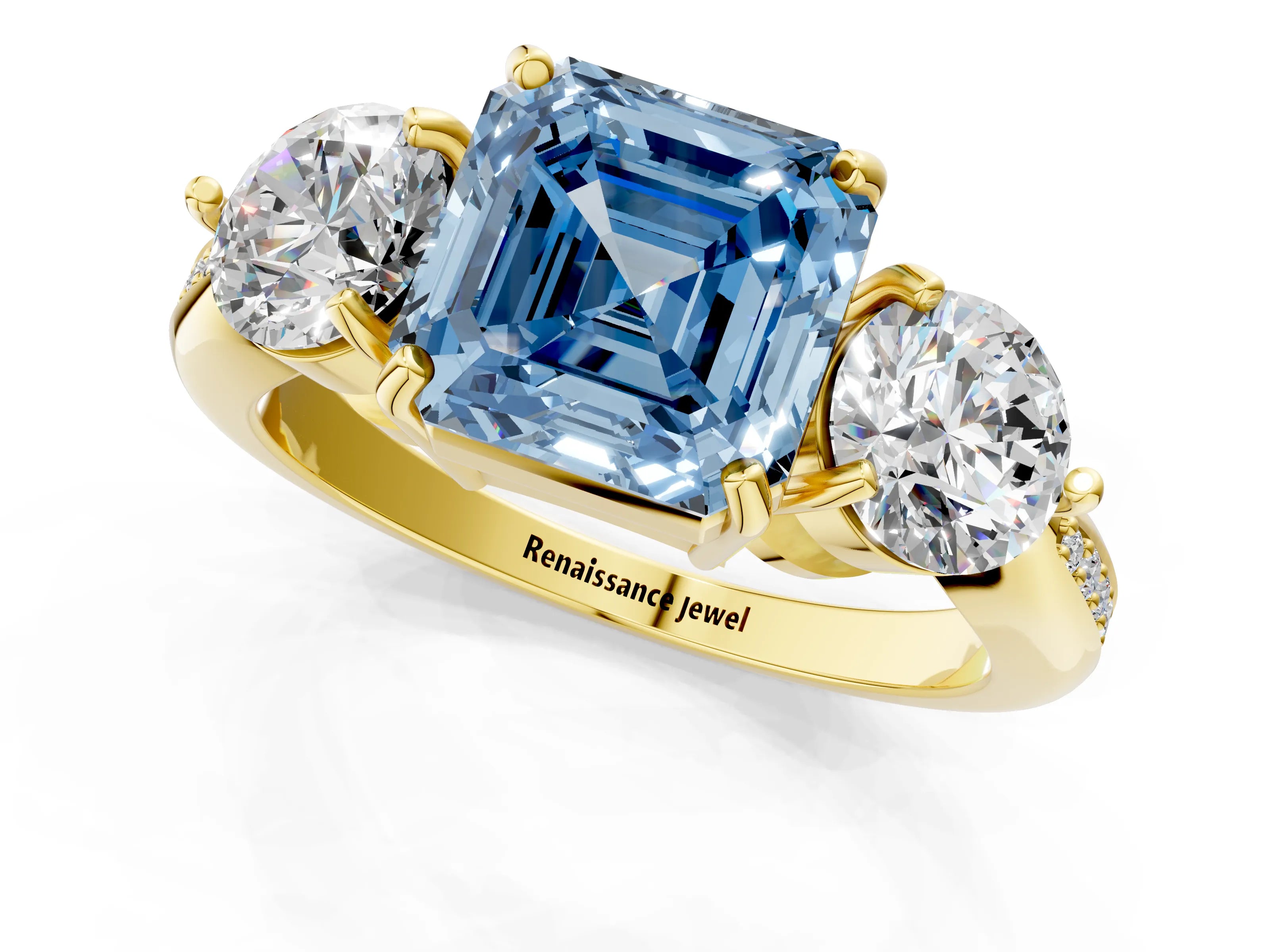 Yellow gold Three-Stone Fancy Blue Asscher Cut Diamond Channel Set Engagement Ring with Prong Setting_13