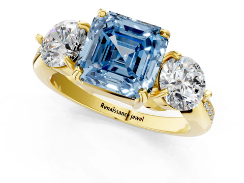 Yellow gold Three-Stone Fancy Blue Asscher Cut Diamond Channel Set Engagement Ring with Prong Setting_1