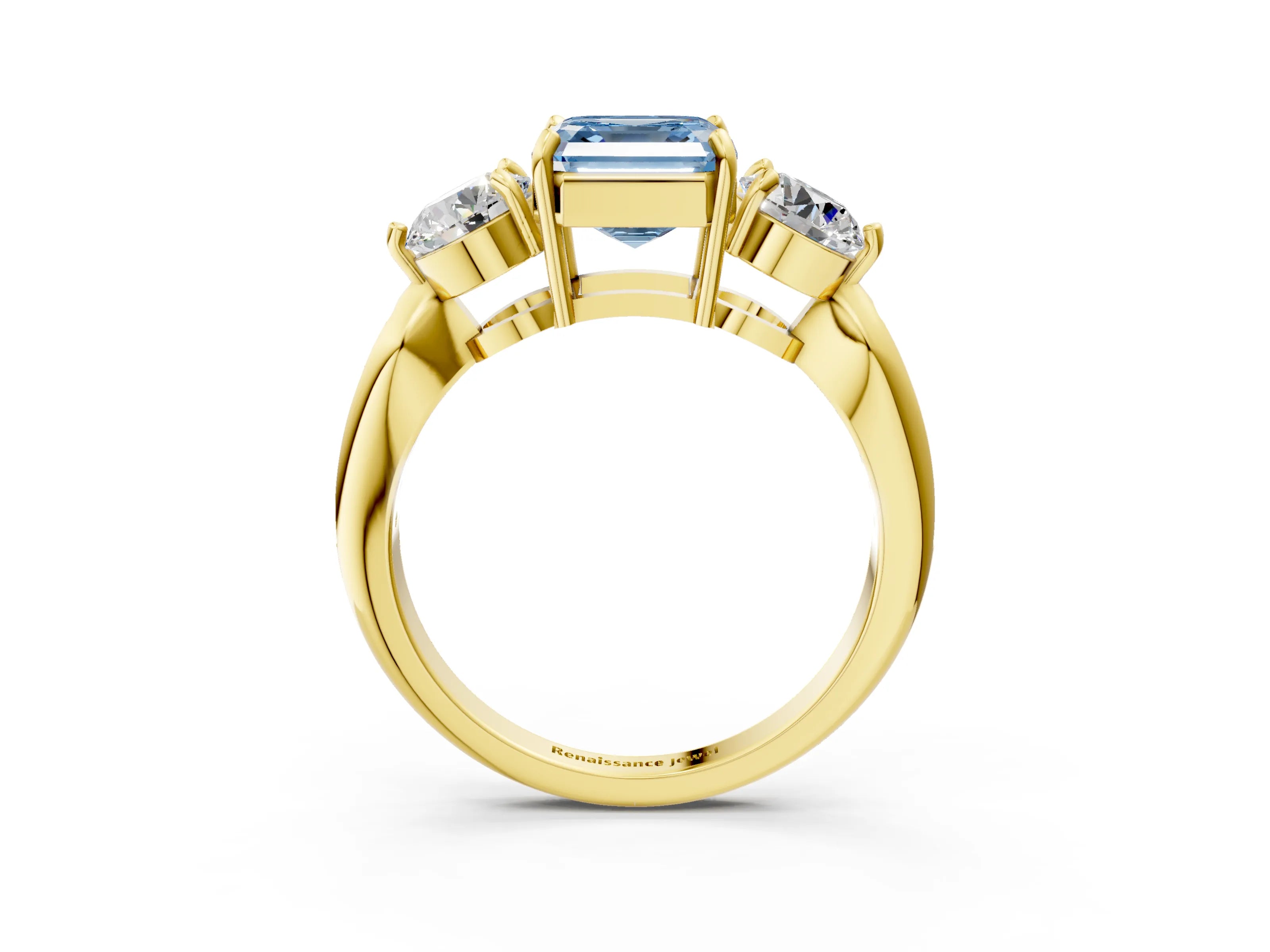 Yellow gold Three-Stone Fancy Blue Asscher Cut Diamond Channel Set Engagement Ring with Prong Setting_3