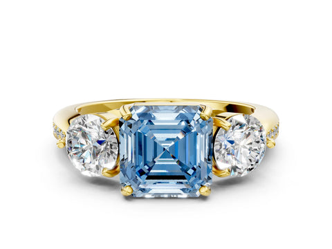 Yellow gold Three-Stone Fancy Blue Asscher Cut Diamond Channel Set Engagement Ring with Prong Setting