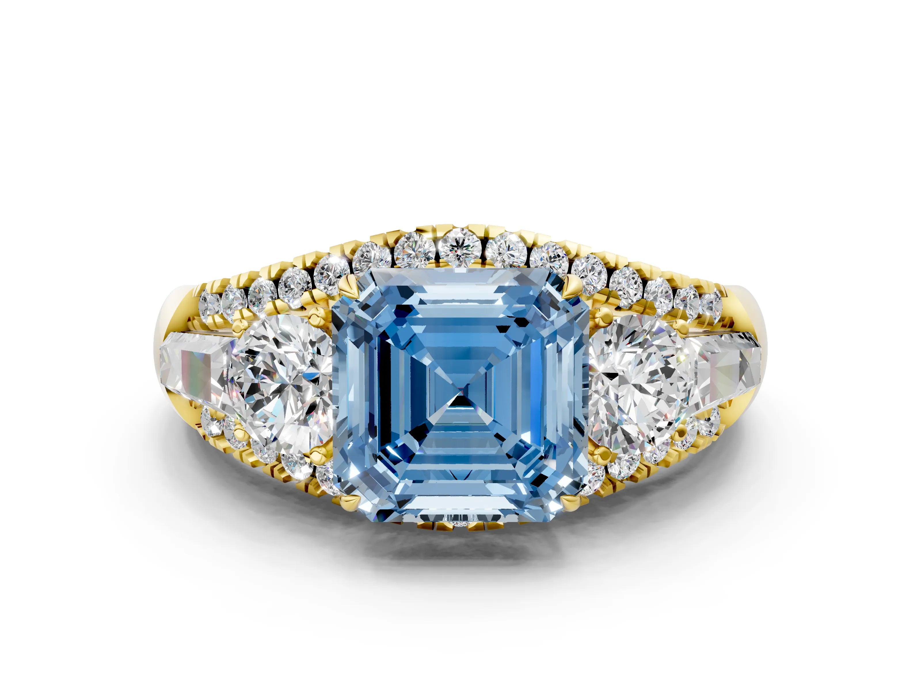 Yellow gold Three-Stone Fancy Blue Asscher Cut Diamond Engagement Ring with Pave Band and Prong Setting