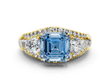 Yellow gold Three-Stone Fancy Blue Asscher Cut Diamond Engagement Ring with Pave Band and Prong Setting