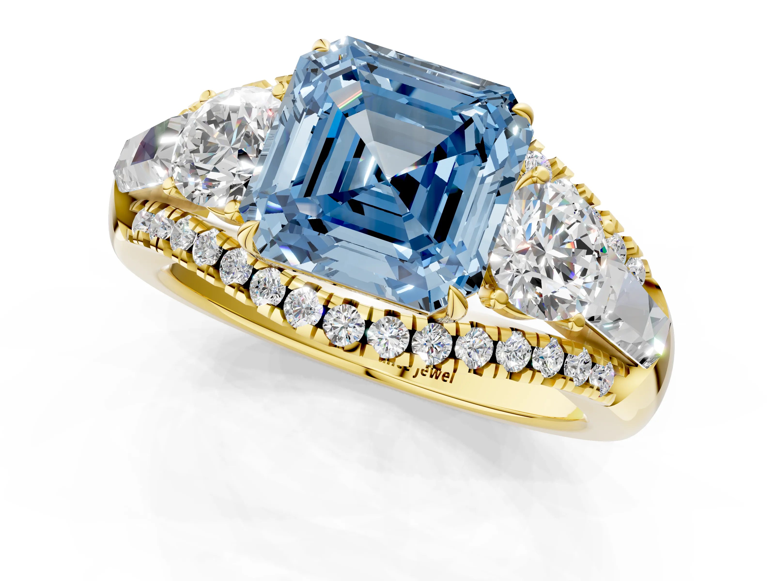 Yellow gold Three-Stone Fancy Blue Asscher Cut Diamond Engagement Ring with Pave Band and Prong Setting_1