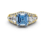 Yellow gold Three-Stone Fancy Blue Asscher Cut Diamond Engagement Ring with Pave Band and Prong Setting_12
