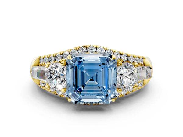 Yellow Gold Asscher Cut Five Stone Baguette Engagement Ring Setting for Fancy Blue Center