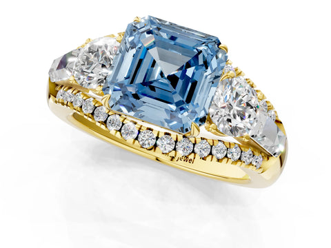 Yellow gold Three-Stone Fancy Blue Asscher Cut Diamond Engagement Ring with Pave Band and Prong Setting_1
