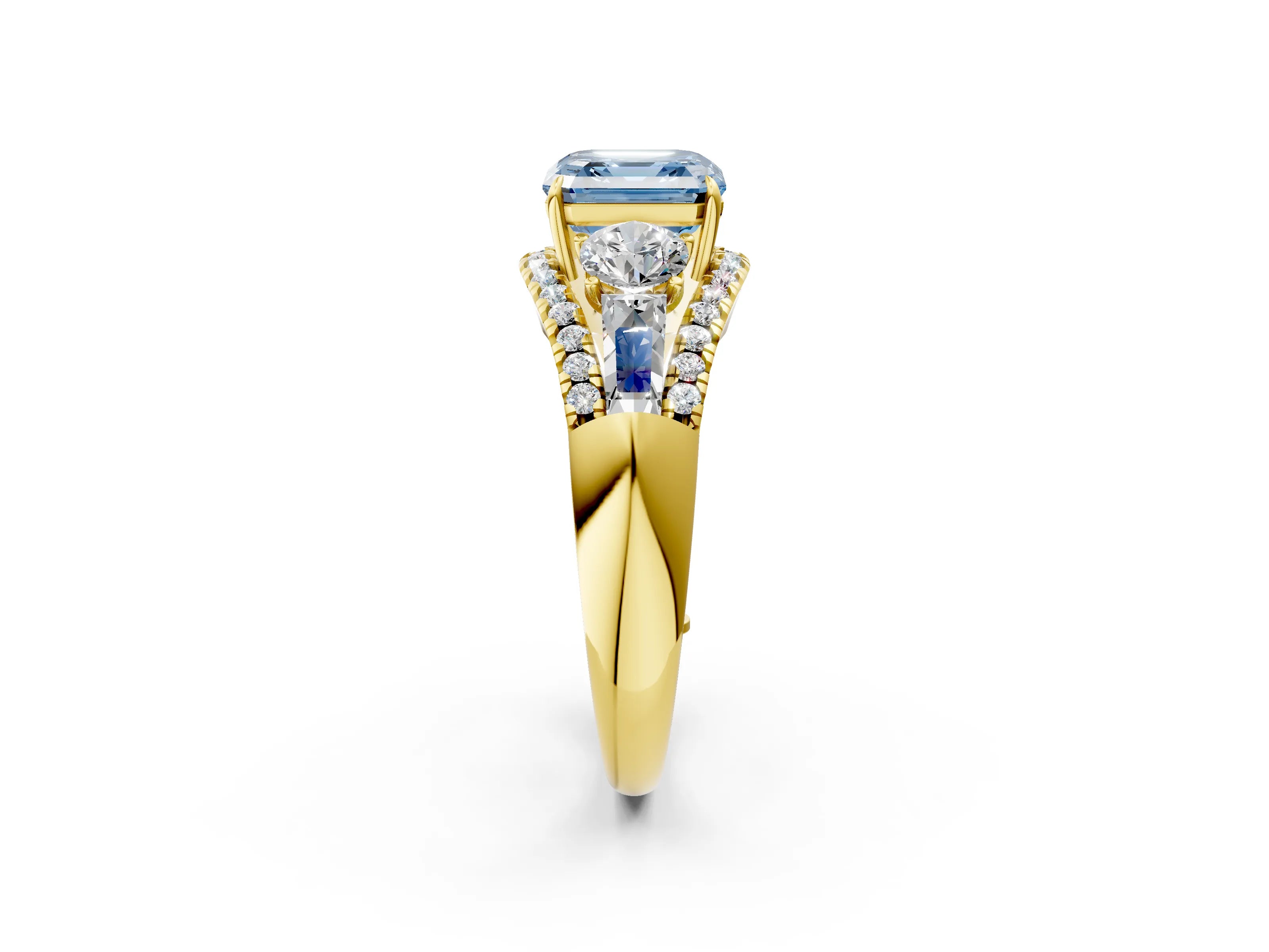 Yellow gold Three-Stone Fancy Blue Asscher Cut Diamond Engagement Ring with Pave Band and Prong Setting_2