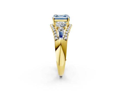 Yellow gold Three-Stone Fancy Blue Asscher Cut Diamond Engagement Ring with Pave Band and Prong Setting_2