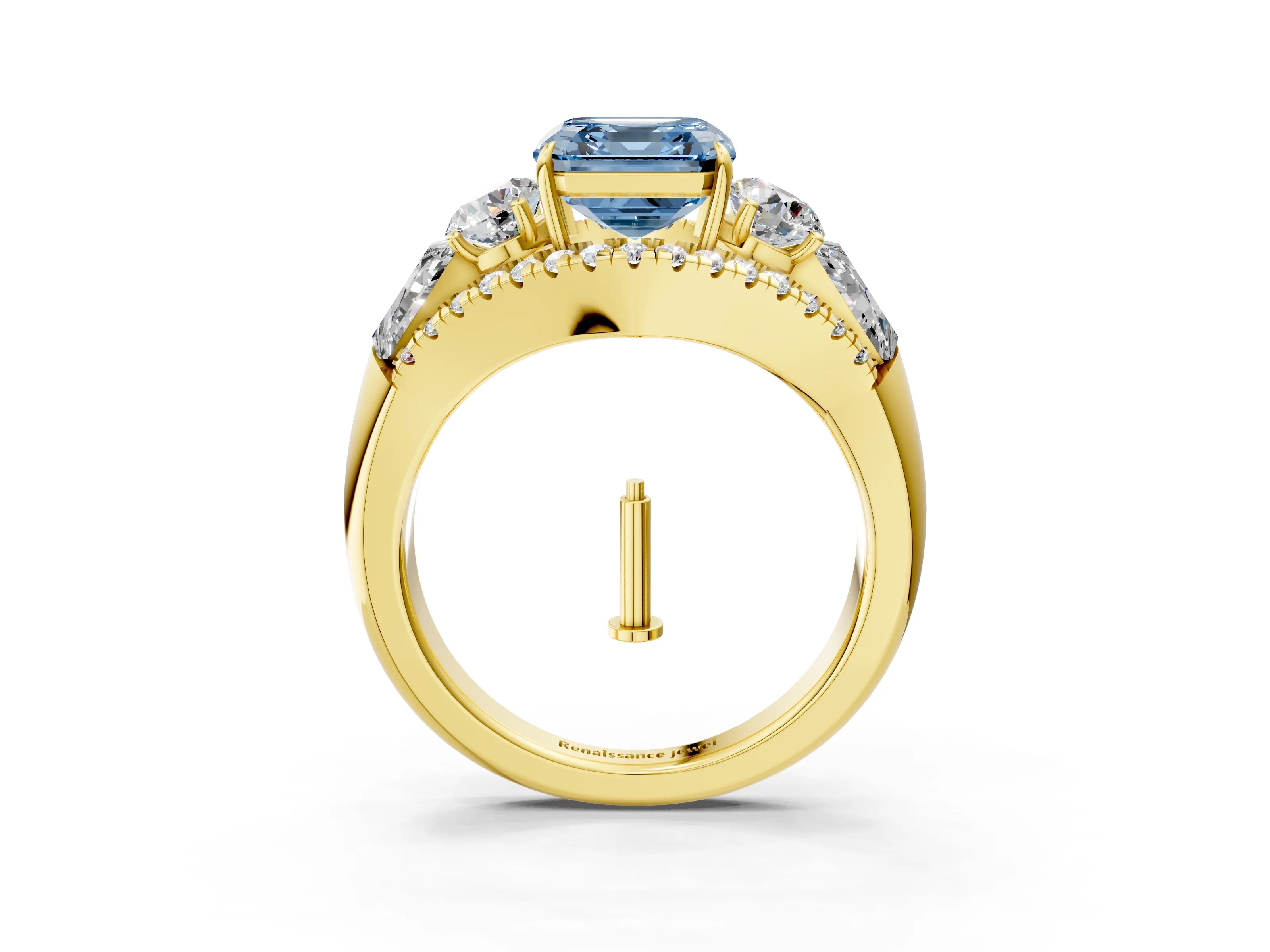 Yellow gold Three-Stone Fancy Blue Asscher Cut Diamond Engagement Ring with Pave Band and Prong Setting_3