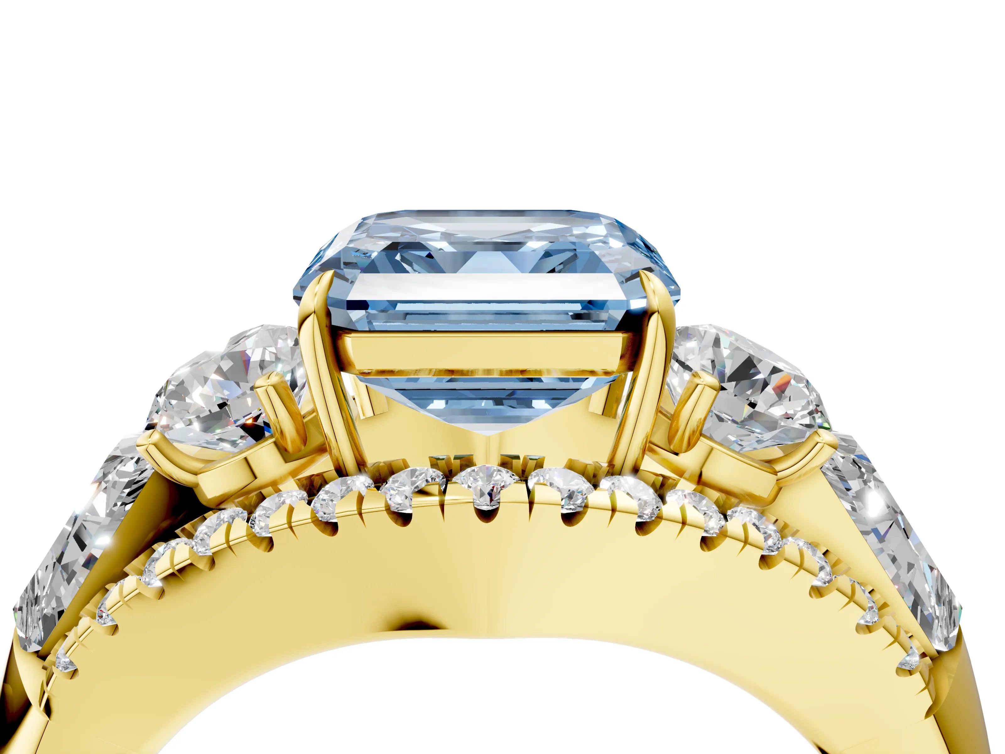 Yellow gold Three-Stone Fancy Blue Asscher Cut Diamond Engagement Ring with Pave Band and Prong Setting_4