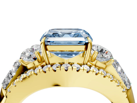 Yellow gold Three-Stone Fancy Blue Asscher Cut Diamond Engagement Ring with Pave Band and Prong Setting_4