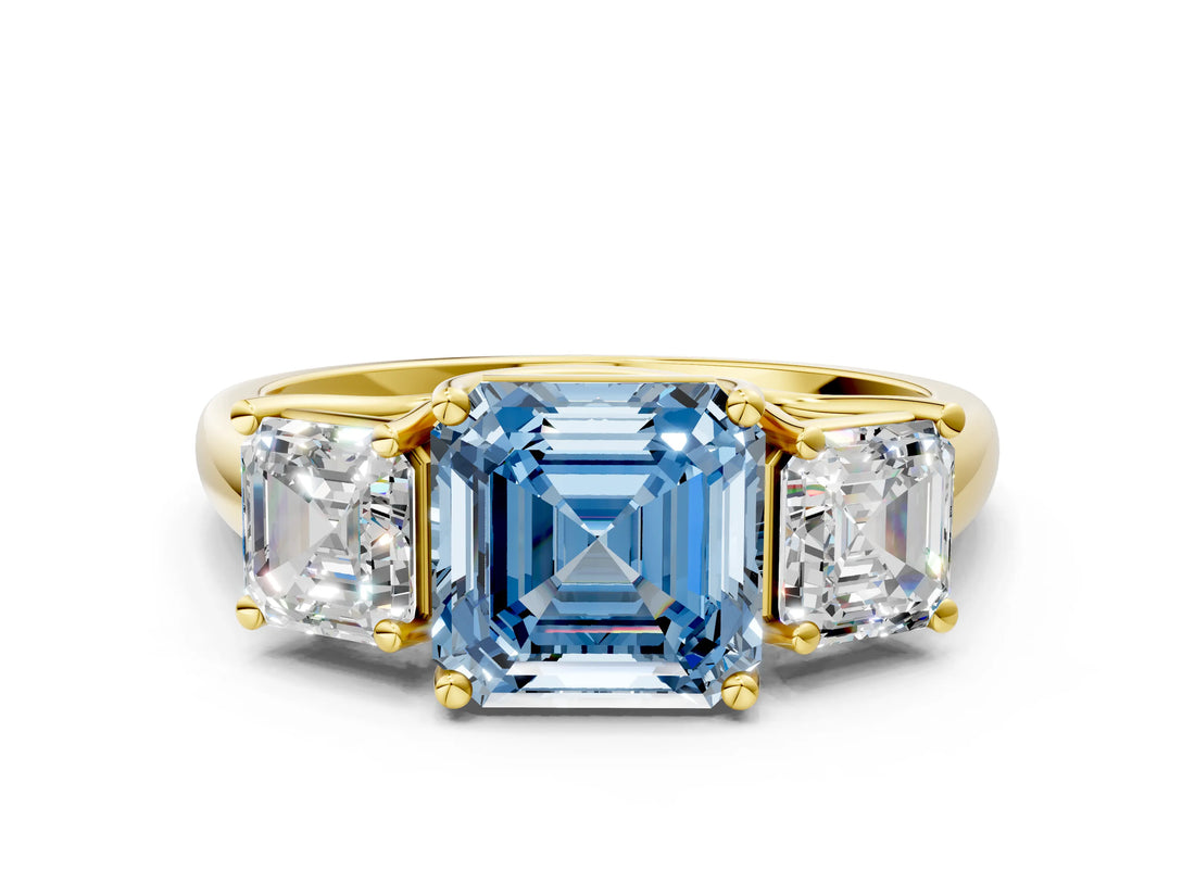 Yellow gold Three-Stone Fancy Blue Asscher Cut Diamond Engagement Ring with Prong Setting_3