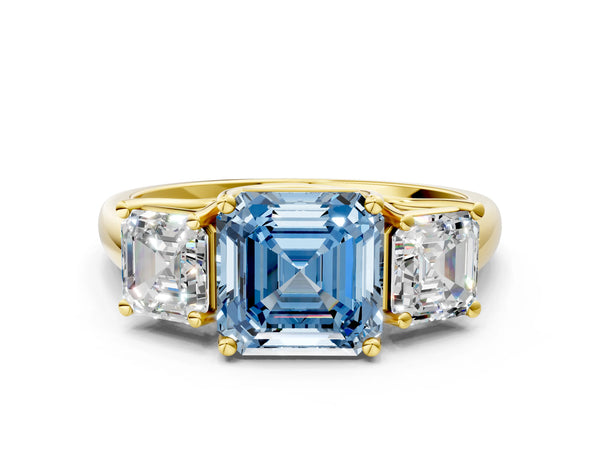 Yellow gold Three-Stone Fancy Blue Asscher Cut Diamond Engagement Ring with Prong Setting