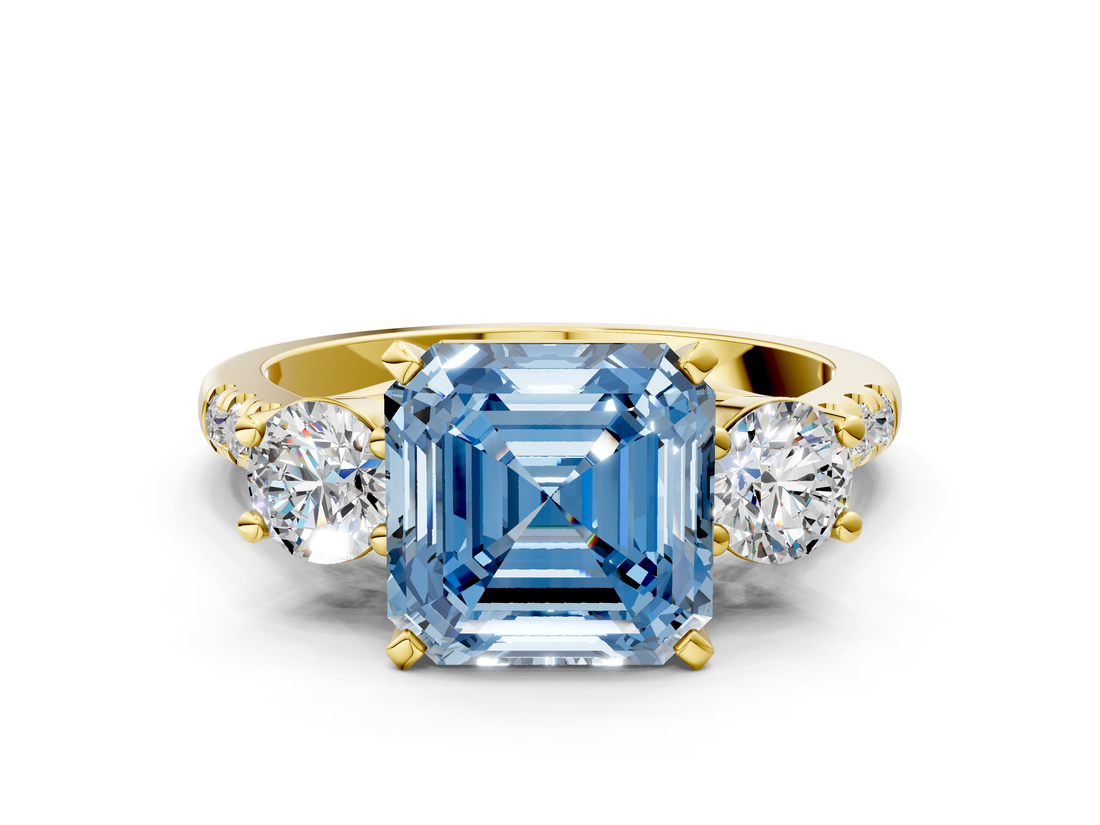 Yellow gold Three-Stone Fancy Blue Asscher  Cut Diamond Pavé Band with Four-Prong Setting