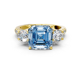 Yellow gold Three-Stone Fancy Blue Asscher  Cut Diamond Pavé Band with Four-Prong Setting