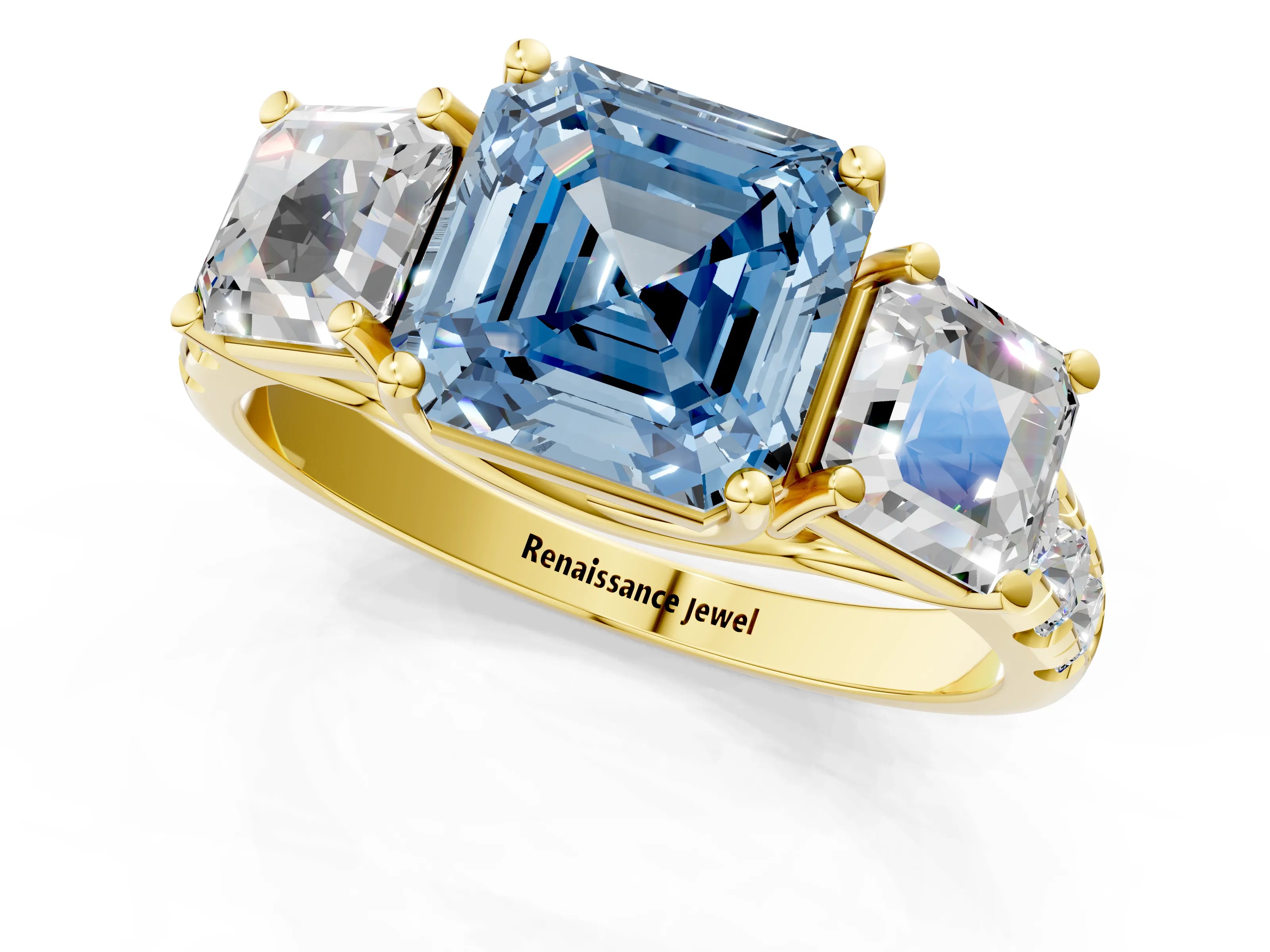 Yellow gold Three-Stone Fancy Blue Asscher Cut Diamond Pavé Band with Prong Setting_1