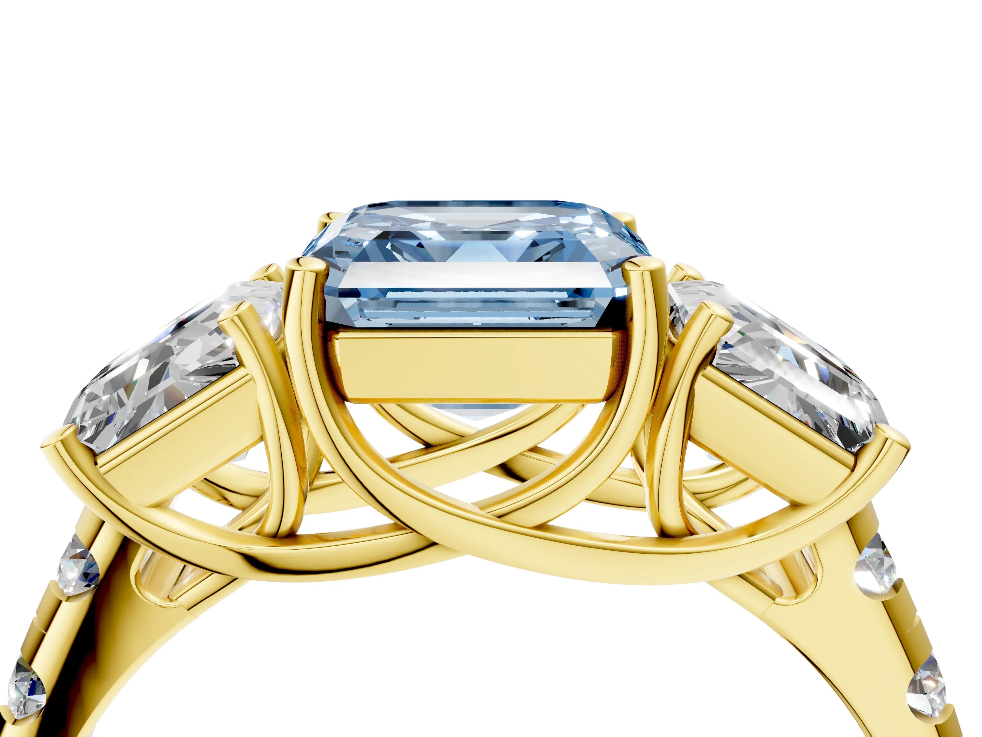 Yellow gold Three-Stone Fancy Blue Asscher Cut Diamond Pavé Band with Prong Setting_4
