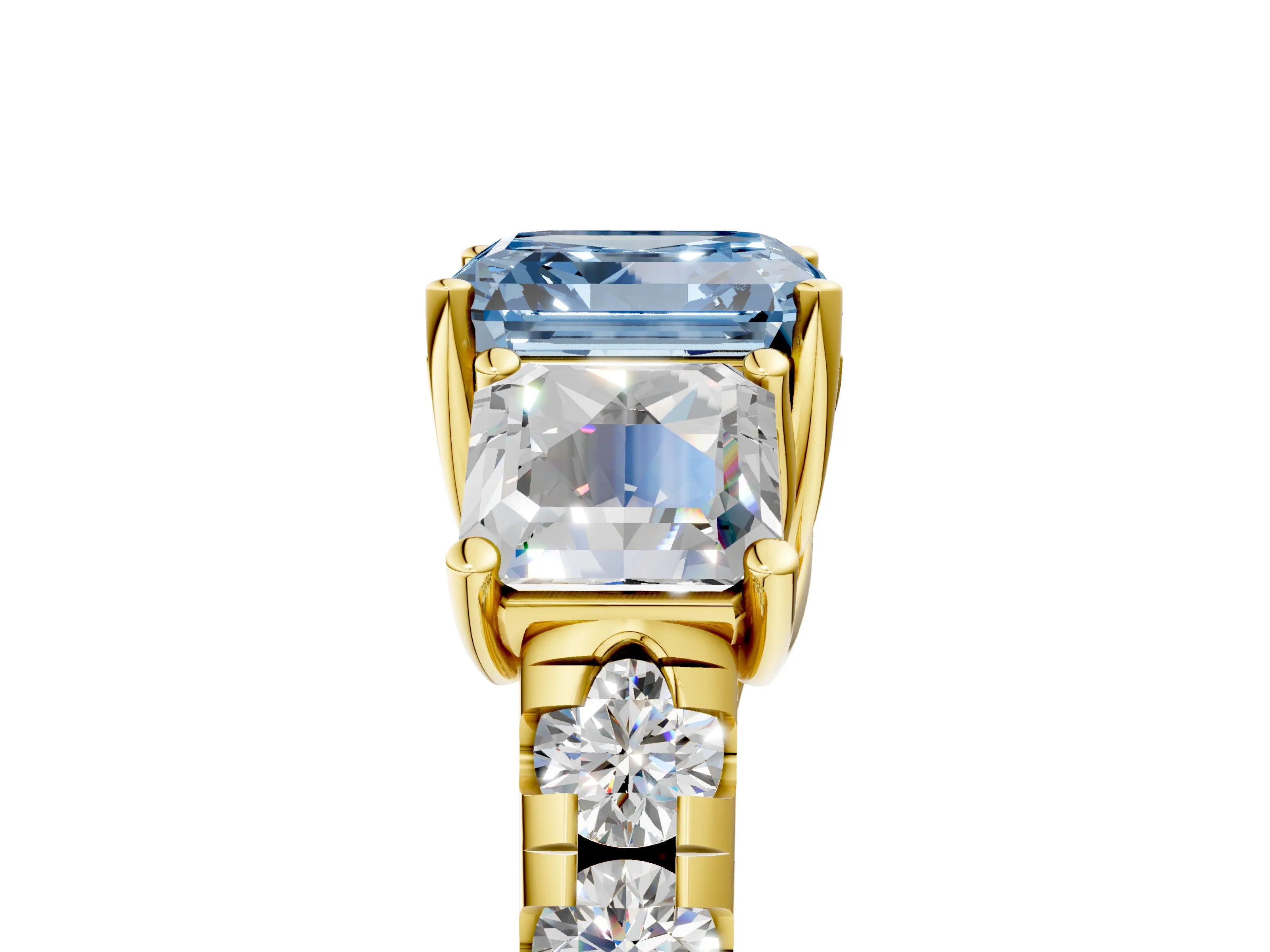 Yellow gold Three-Stone Fancy Blue Asscher Cut Diamond Pavé Band with Prong Setting_5