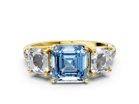 Yellow gold Three-Stone Fancy Blue Asscher Cut Diamond Pavé Band with Prong Setting