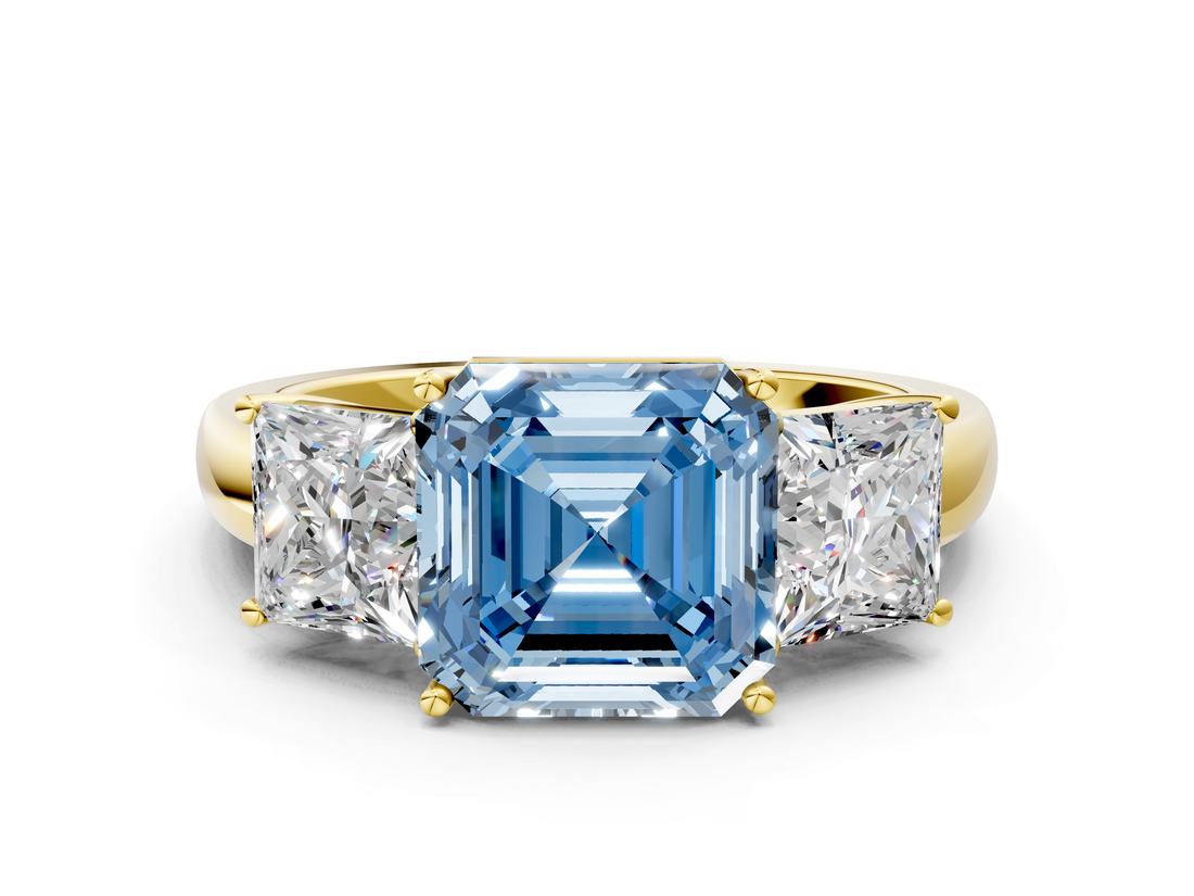 Yellow gold Three-Stone Fancy Blue Asscher  Cut Diamond Ring with Channel-Set Band and Four-Prong Setting_22