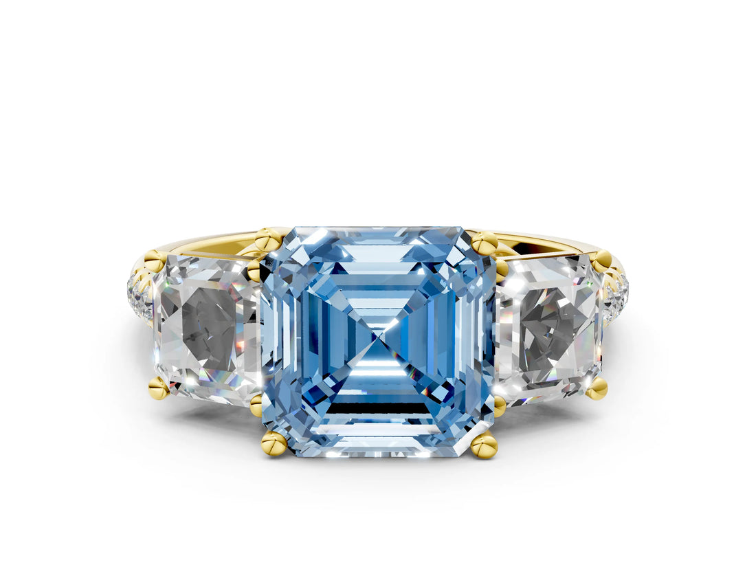 Yellow gold Three-Stone Fancy Blue Asscher Cut Diamond Ring with Round  Pavé Band and Prong Setting_12
