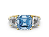 Yellow gold Three-Stone Fancy Blue Asscher Cut Diamond Ring with Round  Pavé Band and Prong Setting_12
