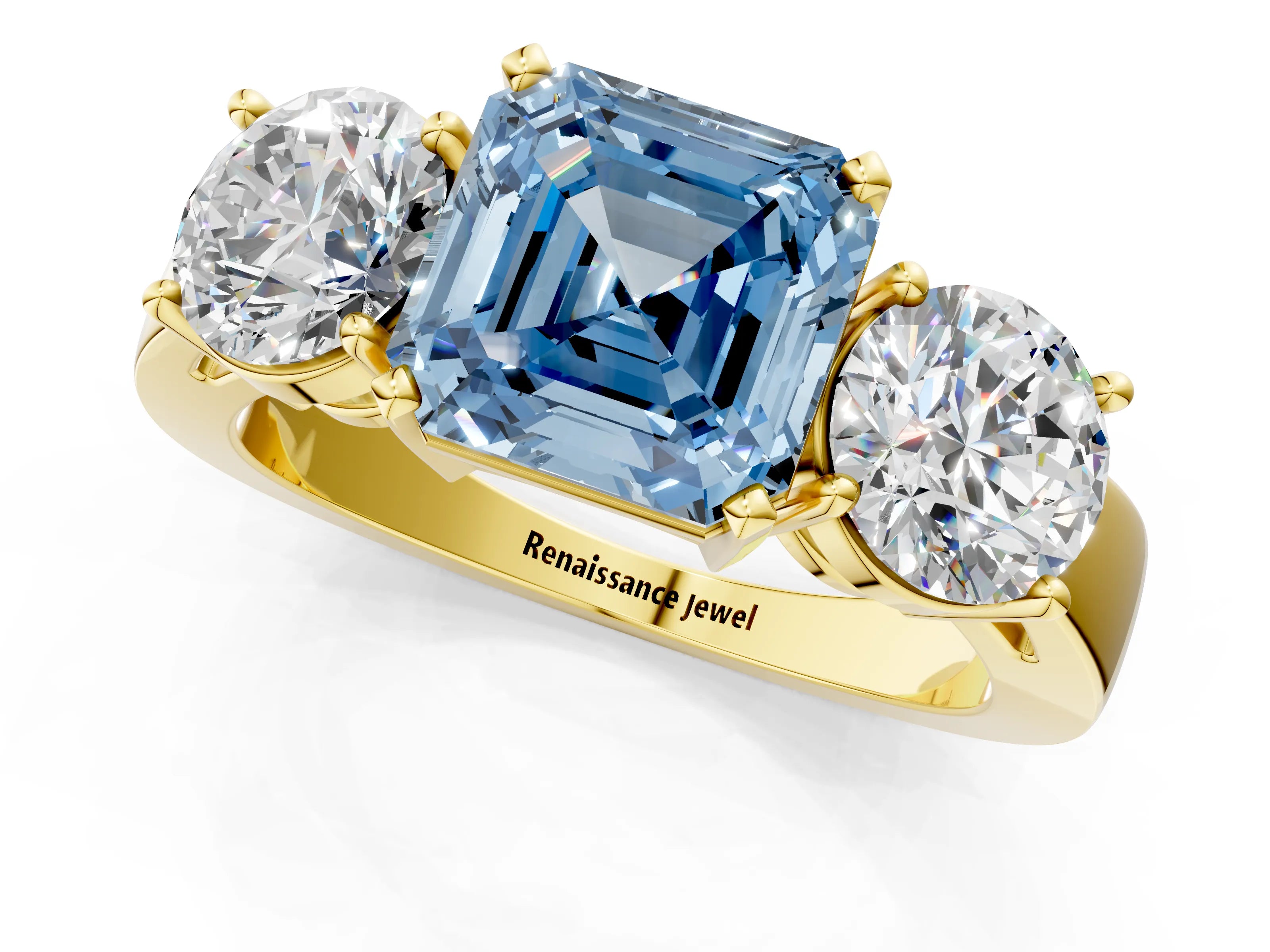 Yellow gold Three-Stone Fancy Blue Asscher Cut Diamond Ring with Round Side Stones, Classic Band, and Four-Prong Setting_1