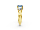 Yellow gold Three-Stone Fancy Blue Asscher Cut Diamond Ring with Round Side Stones, Classic Band, and Four-Prong Setting_2