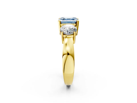Yellow gold Three-Stone Fancy Blue Asscher Cut Diamond Ring with Round Side Stones, Classic Band, and Four-Prong Setting_2