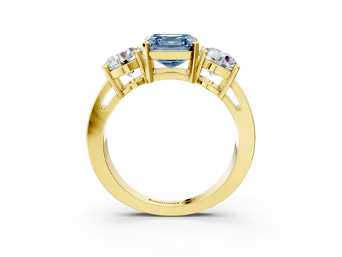 Yellow gold Three-Stone Fancy Blue Asscher Cut Diamond Ring with Round Side Stones, Classic Band, and Four-Prong Setting_3