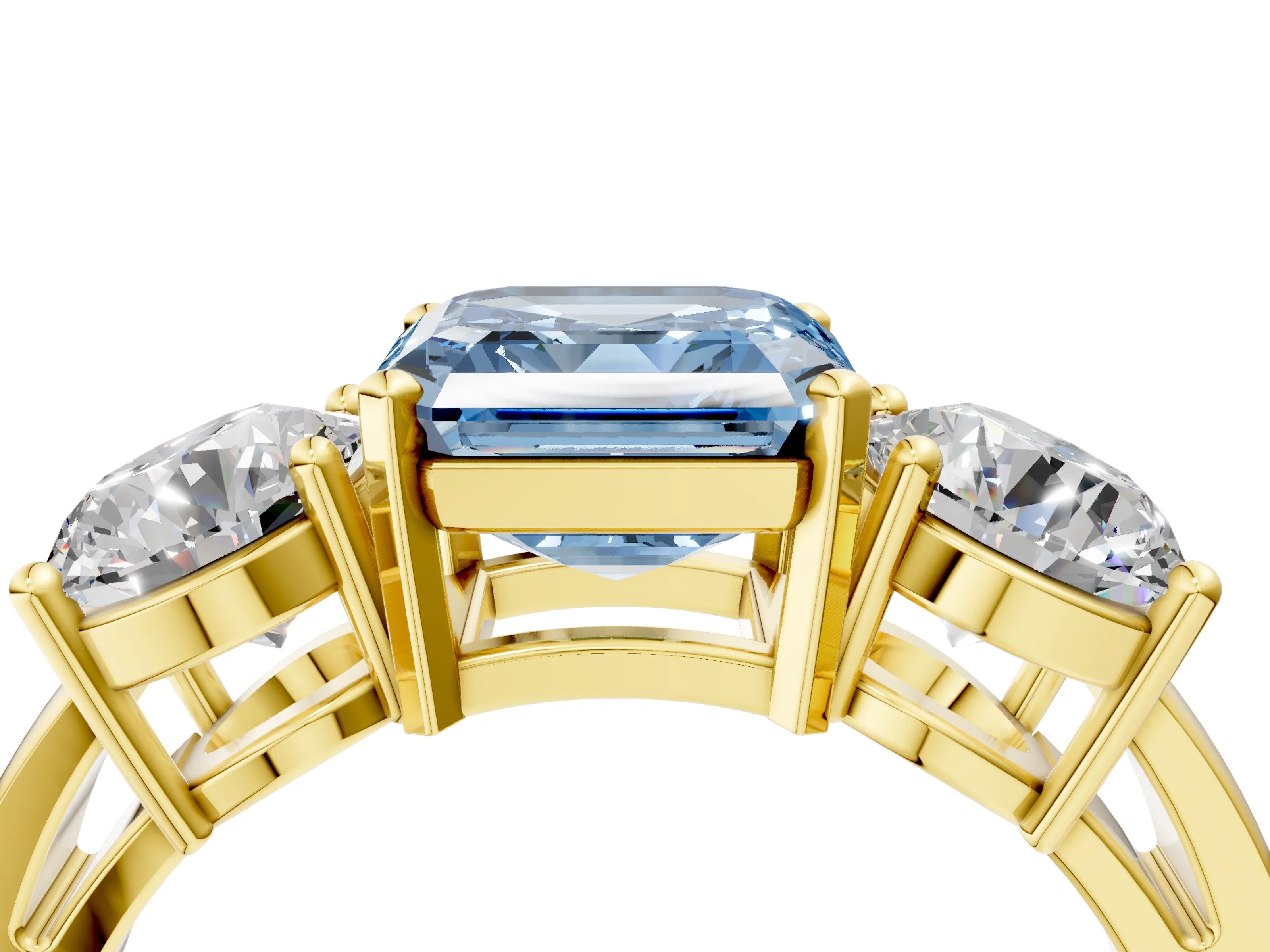 Yellow gold Three-Stone Fancy Blue Asscher Cut Diamond Ring with Round Side Stones, Classic Band, and Four-Prong Setting_4