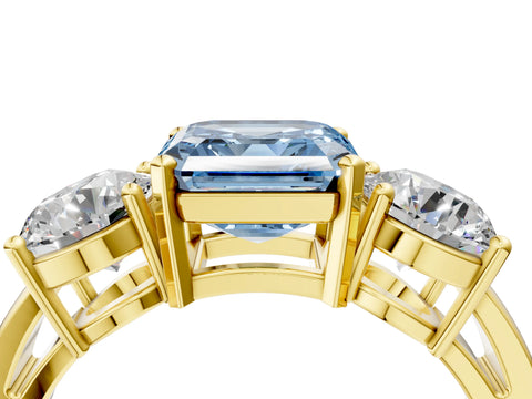 Yellow gold Three-Stone Fancy Blue Asscher Cut Diamond Ring with Round Side Stones, Classic Band, and Four-Prong Setting_4