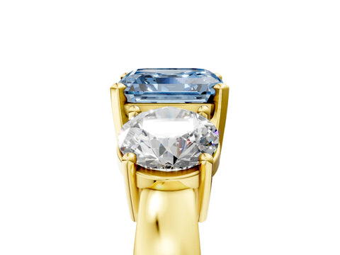 Yellow gold Three-Stone Fancy Blue Asscher Cut Diamond Ring with Round Side Stones, Classic Band, and Four-Prong Setting_5