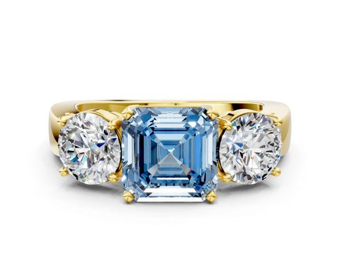 Yellow gold Three-Stone Fancy Blue Asscher Cut Diamond Ring with Round Side Stones, Classic Band, and Four-Prong Setting