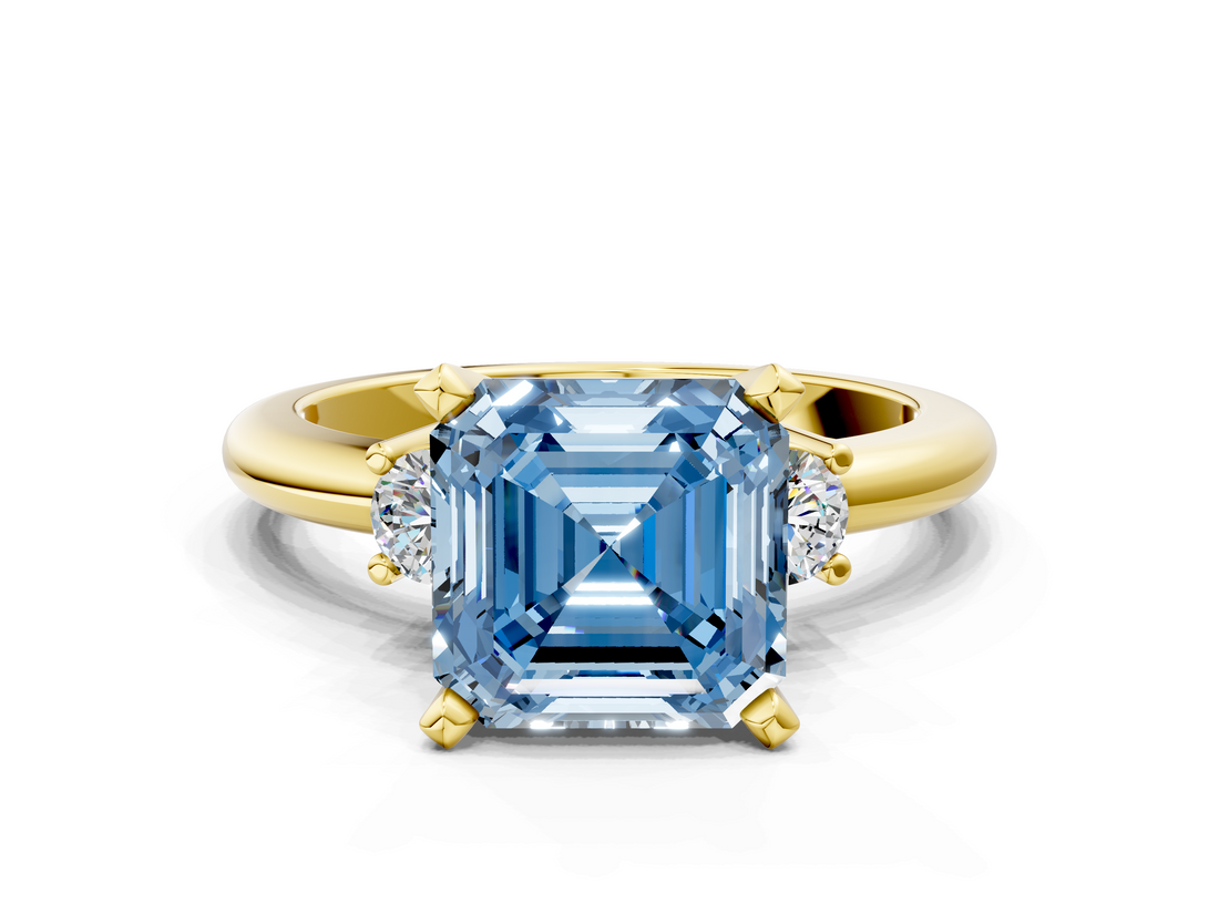 Yellow gold Three-Stone Fancy Blue Asscher  Cut Diamond Solitaire with Prong Setting and Classic Band