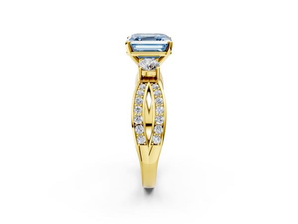 Yellow Gold Asscher Cut Three Stone Twist Engagement Ring Setting for Fancy Blue Center