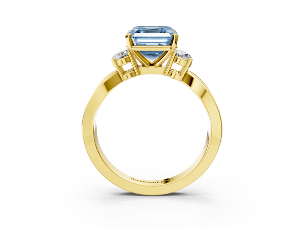 Yellow Gold Asscher Cut Three Stone Twist Engagement Ring Setting for Fancy Blue Center