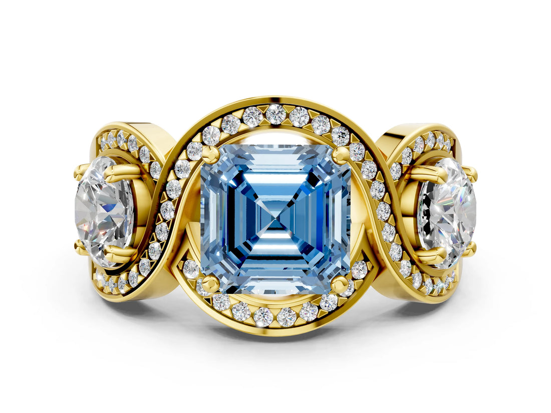 Yellow gold Three-Stone Fancy Blue Asscher Cut Diamond Wave Pave Band with Prong Setting