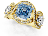 Yellow gold Three-Stone Fancy Blue Asscher Cut Diamond Wave Pave Band with Prong Setting_1