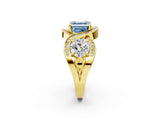 Yellow gold Three-Stone Fancy Blue Asscher Cut Diamond Wave Pave Band with Prong Setting_2