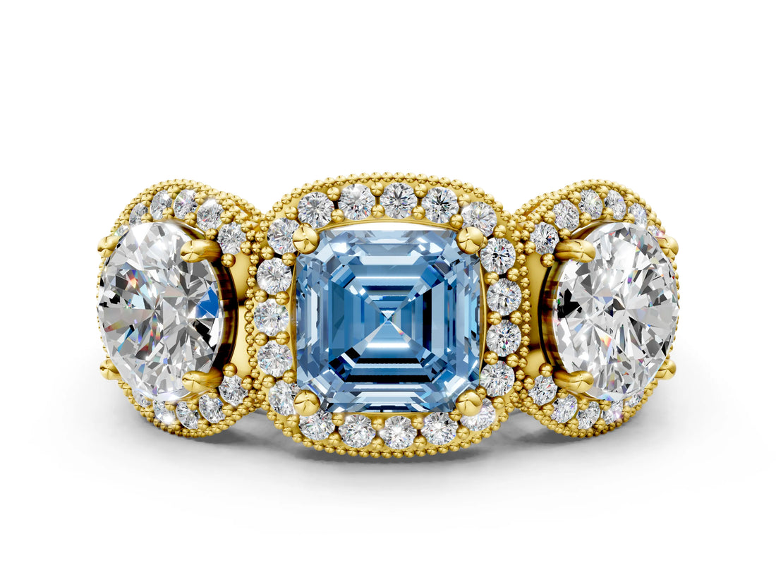 Yellow gold Three-Stone Fancy Blue Asscher Cut Halo Diamond Milgrain Band with Four-Prong Setting
