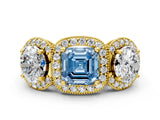 Yellow gold Three-Stone Fancy Blue Asscher Cut Halo Diamond Milgrain Band with Four-Prong Setting