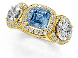 Yellow gold Three-Stone Fancy Blue Asscher Cut Halo Diamond Milgrain Band with Four-Prong Setting_1