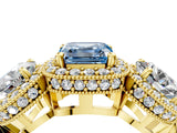 Yellow gold Three-Stone Fancy Blue Asscher Cut Halo Diamond Milgrain Band with Four-Prong Setting_4