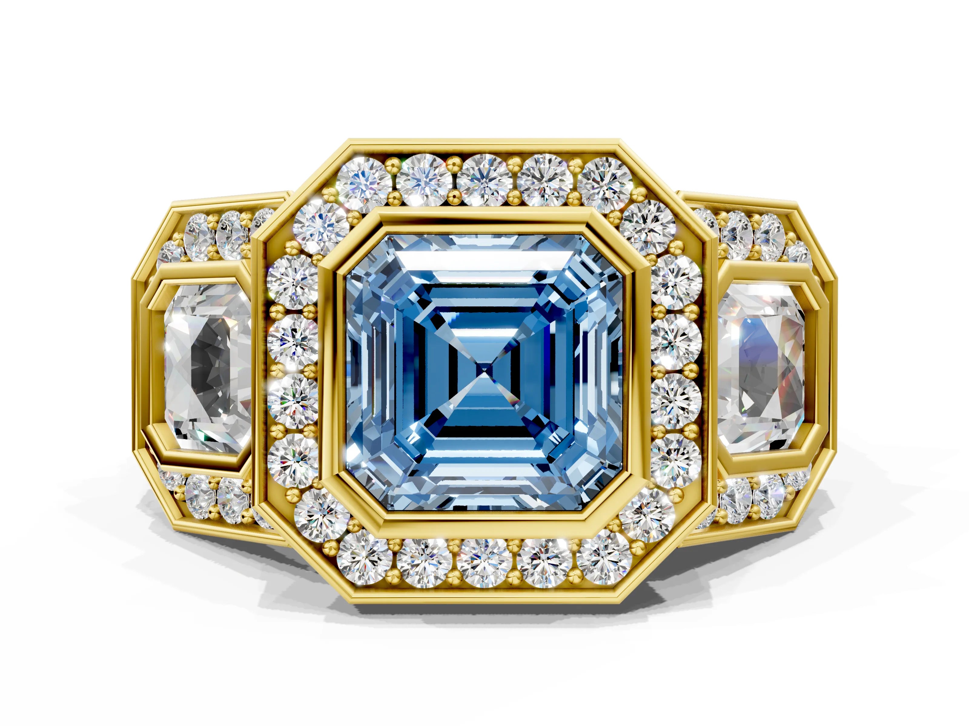 Yellow gold Three-Stone Fancy Blue Asscher Cut Halo Pavé Diamond Ring