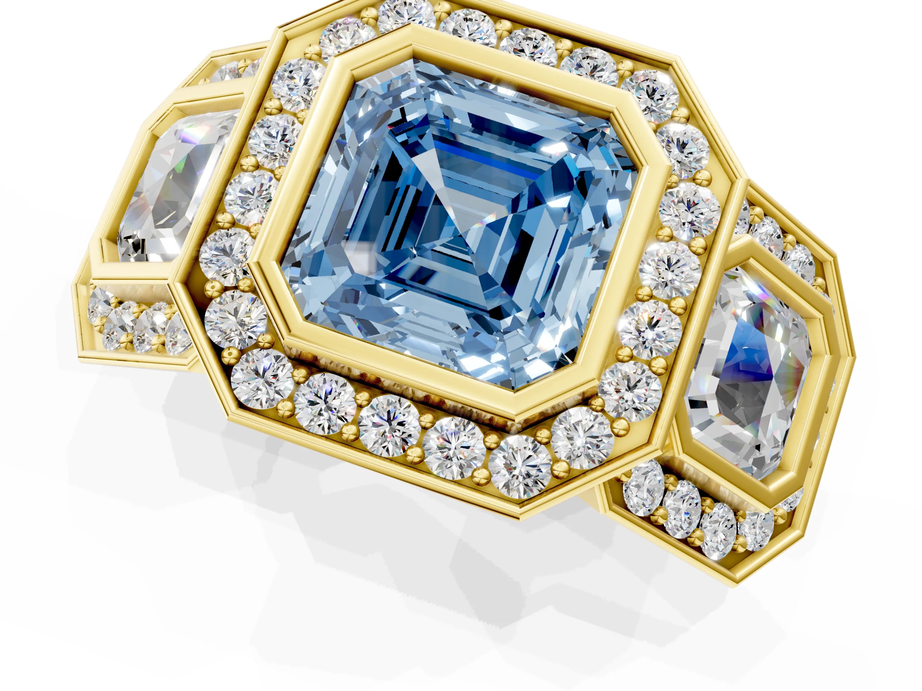 Yellow gold Three-Stone Fancy Blue Asscher Cut Halo Pavé Diamond Ring_1