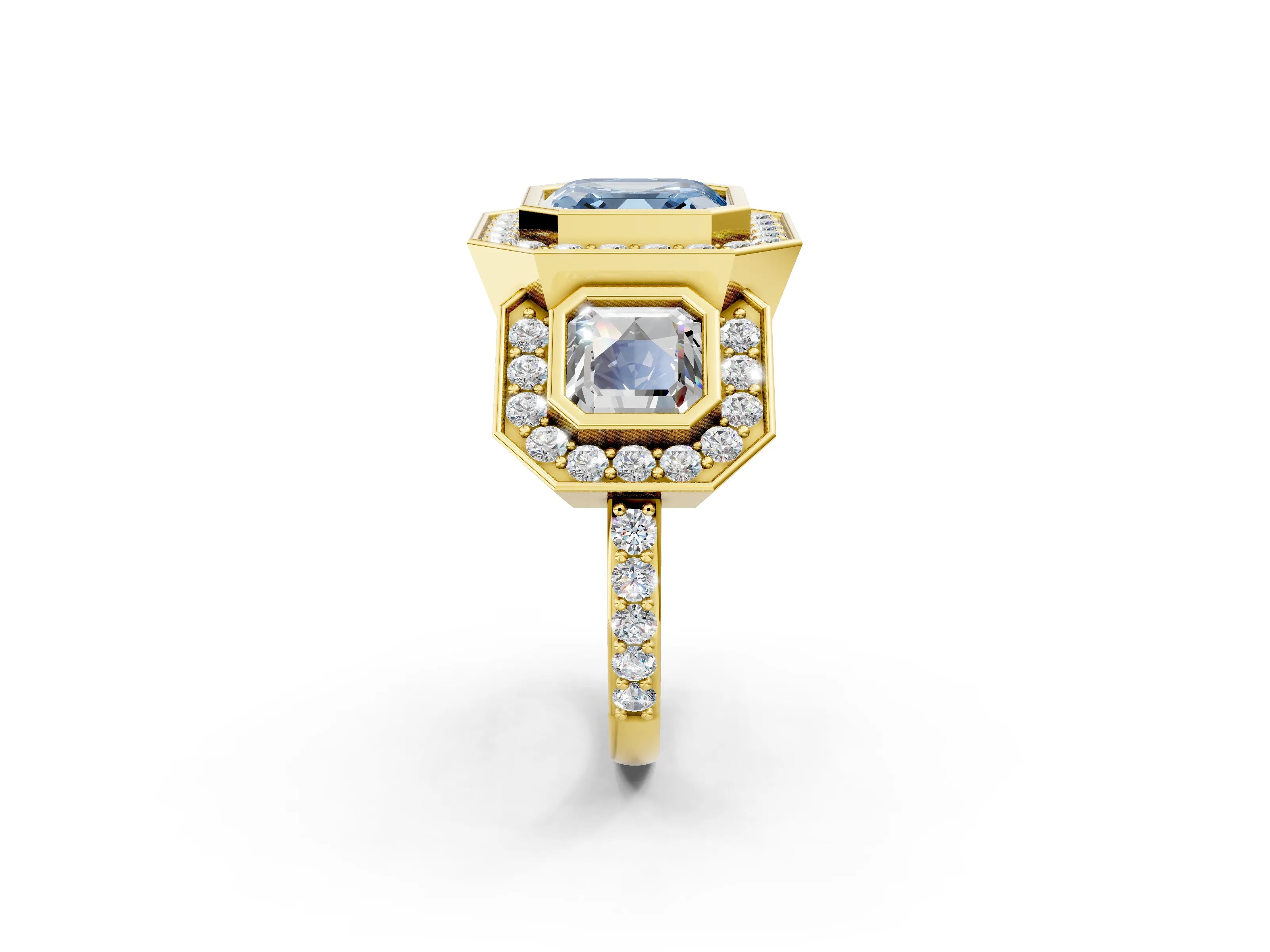 Yellow gold Three-Stone Fancy Blue Asscher Cut Halo Pavé Diamond Ring_2