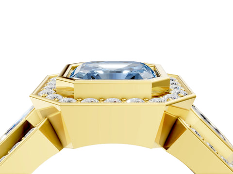 Yellow gold Three-Stone Fancy Blue Asscher Cut Halo Pavé Diamond Ring_4